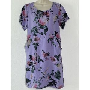 Linen Dress Purple Floral Pockets Shift Made Italy Resort Lagenlook Coastal M/L